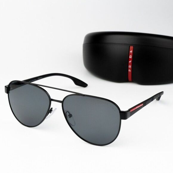 NEW Prada Linea Rossa PS54TS 1AB5Z1 Black Polarized Grey Pilot Unisex Sunglasses